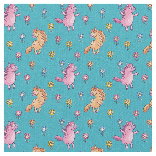 Whimsical Unicorns and Pretty Flowers Pattern Fabric (Close Up)