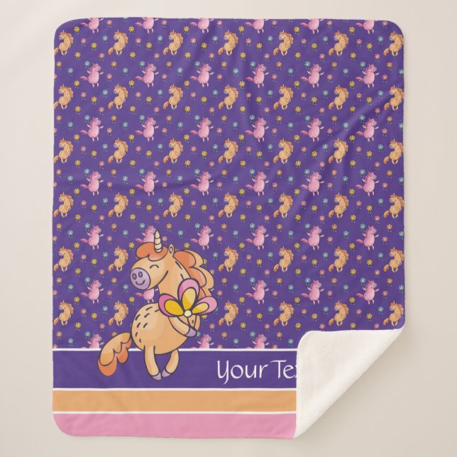 Whimsical Unicorns and Pretty Flowers Pattern Sherpa Blanket (Front)