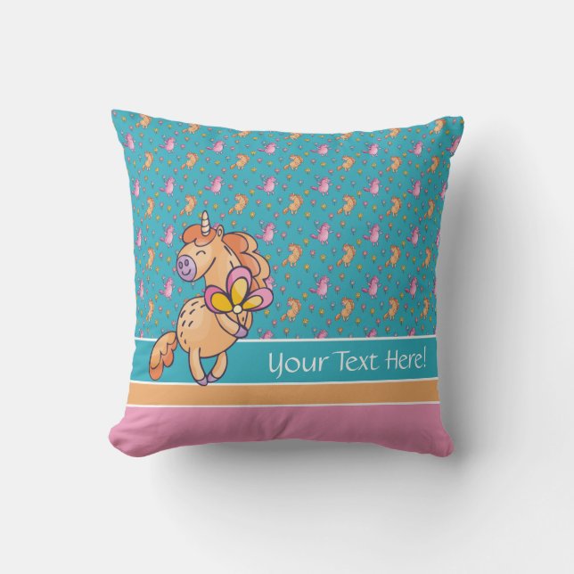 Whimsical Unicorns and Pretty Flowers Pattern Throw Pillow (Front)