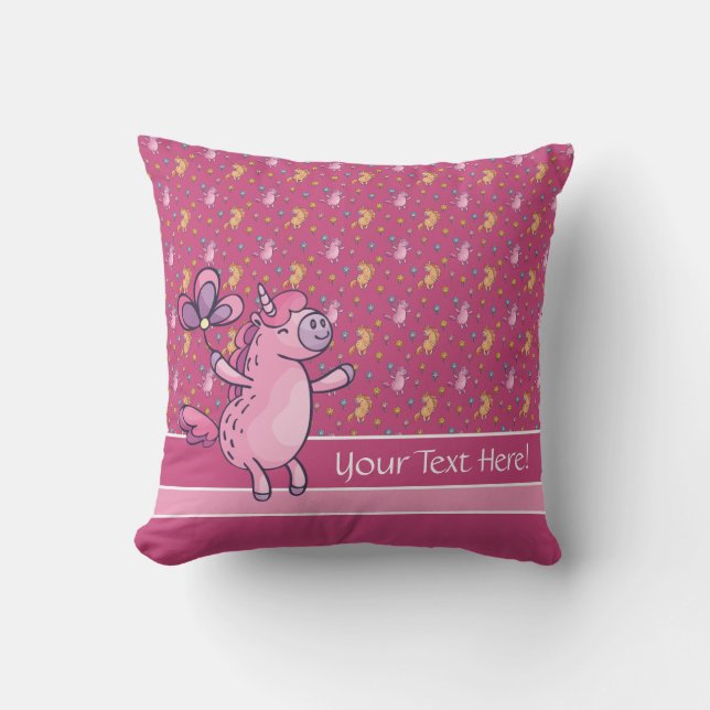 Whimsical Unicorns and Pretty Flowers Pattern Throw Pillow (Front)