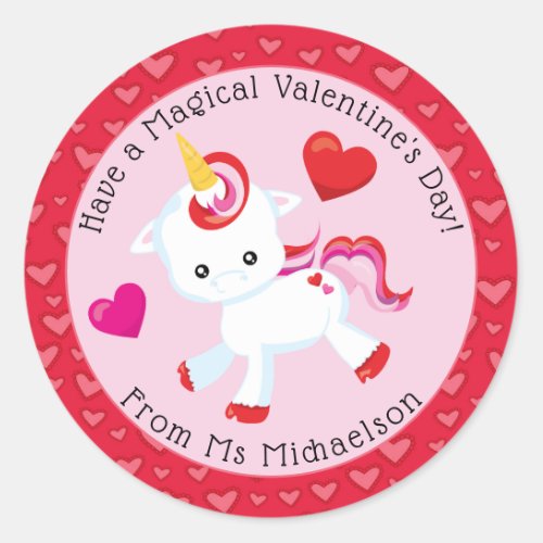 Whimsical Valentine Magical Unicorn Hearts Classic Round Sticker