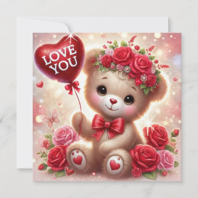 Whimsical Valentine teddy bear with red heart  Holiday Card (Front)