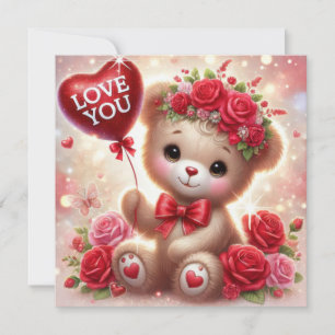Whimsical Valentine teddy bear with red heart  Holiday Card