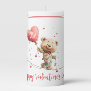 Whimsical Valentine's Day Bear with Heart Balloons Pillar Candle