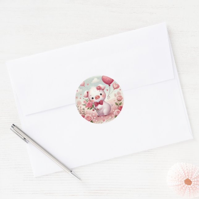 Whimsical Valentines PIg Classic Round Sticker (Envelope)