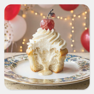 Whimsical Vanilla Birthday Cupcake & Balloons Square Sticker
