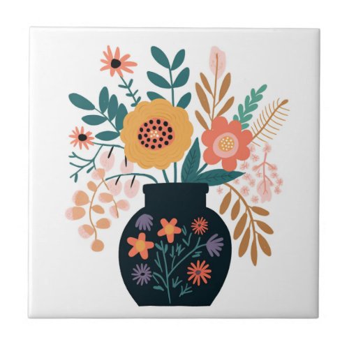 Whimsical Vase and Flowers Illustrated Ceramic Tile
