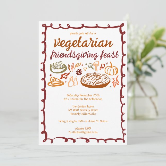 Whimsical VEGETARIAN Thanksgiving Friendsgiving Invitation (Standing Front)