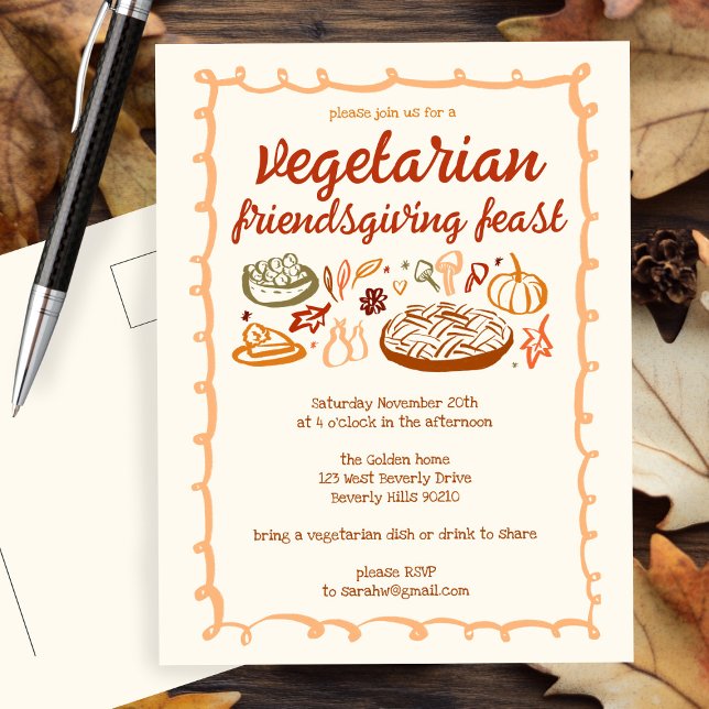 Whimsical VEGETARIAN Thanksgiving Friendsgiving Postcard (Whimsical VEGETARIAN Thanksgiving Friendsgiving Dinner Party Invitation Custom Postcard
)