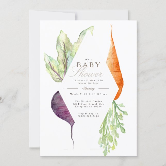 Whimsical Veggie Patch Baby Shower | Beet & Carrot Invitation (Front)