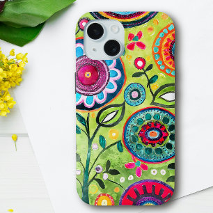 Whimsical Vibrant Color Folk Art Floral Patterned iPhone 15 Case