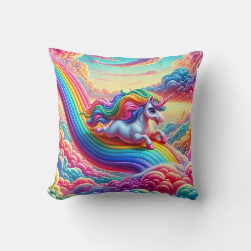 Whimsical Vibrant Rainbow_Sliding Unicorn Throw Pillow