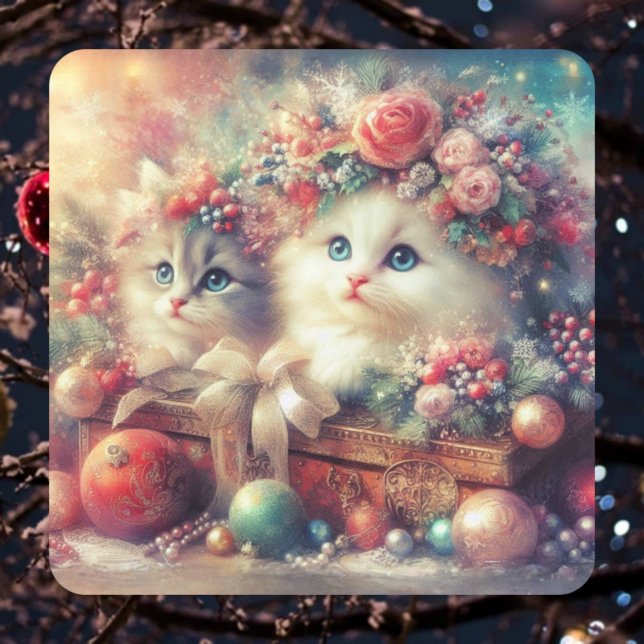 Whimsical Victorian Christmas Kittens Square Sticker (Creator Uploaded)