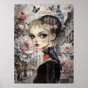 Whimsical Victorian Gothic Girl & Florals London Poster