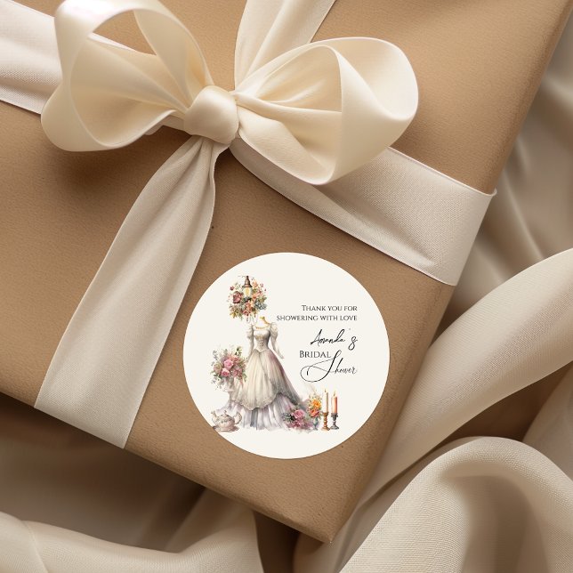 Whimsical Victorian Wedding Dress Bridal Shower Classic Round Sticker (Creator Uploaded)