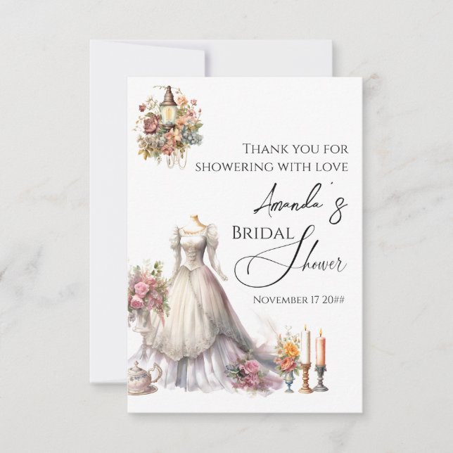 Whimsical Victorian Wedding Dress Bridal Shower Thank You Card (Front)