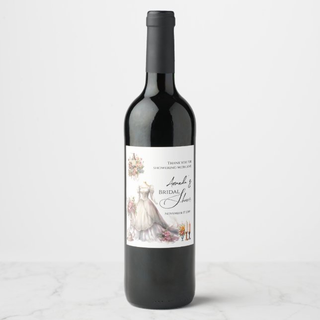Whimsical Victorian Wedding Dress Bridal Shower Wine Label (Front)