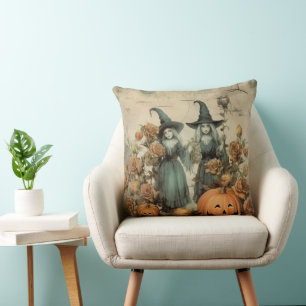 Whimsical Victorian Witches Pumpkin Roses Throw Pillow