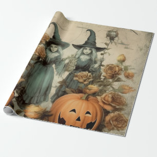 Whimsical Victorian Witches Pumpkin Roses Wrapping Paper
