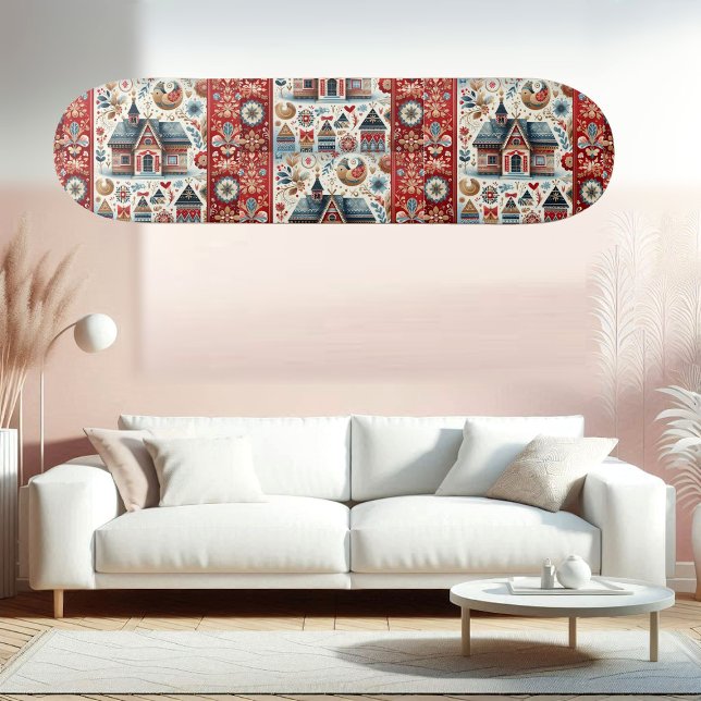 Whimsical Village Home Nordic Folk Art Scandinavia Skateboard (Whimsical Village Home Nordic Folk Art Scandinavia Skateboard)