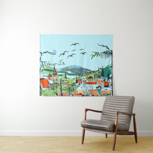 Whimsical Village Landscape Illustration Tapestry