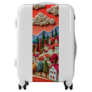 Whimsical Village Red Sky Embroidery Art Luggage