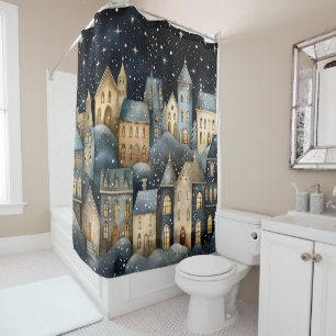 Whimsical Village Starry Skies Navy Gold Shower Curtain