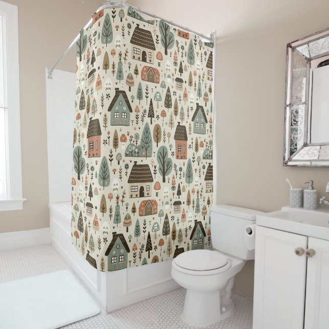 Whimsical Village with Cottages and Trees Shower Curtain (In Situ)