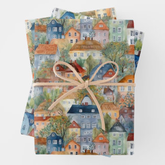 WHIMSICAL VILLAGES AND HOUSES GIFT WRAPPING PAPER SHEETS