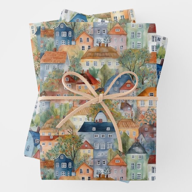 WHIMSICAL VILLAGES AND HOUSES GIFT  WRAPPING PAPER SHEETS (In situ)
