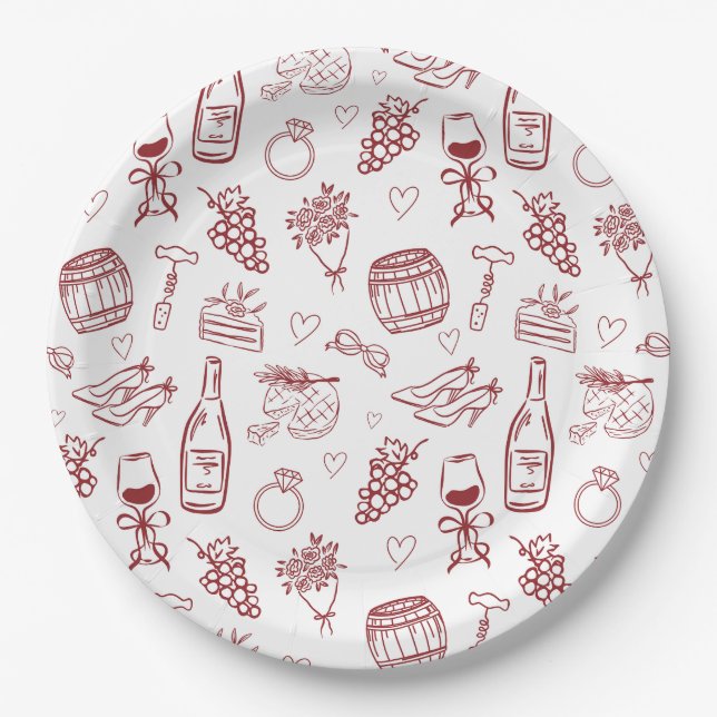 Whimsical Vino Before Vows Burgundy Bridal Shower Paper Plates (Front)