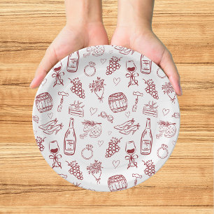 Whimsical Vino Before Vows Burgundy Bridal Shower Paper Plates