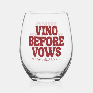 Whimsical Vino Before Vows Burgundy Bridal Shower Stemless Wine Glass