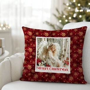 Whimsical Vintage Angel Red Gold Accent Christmas Throw Pillow