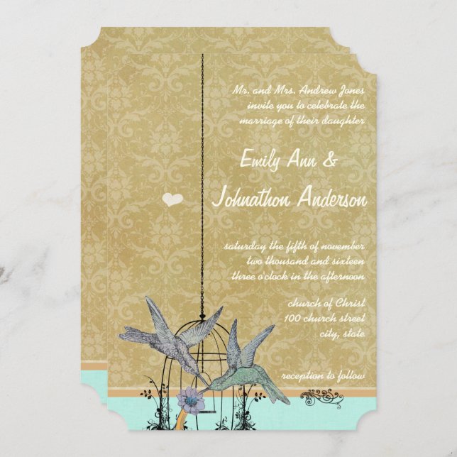 Whimsical Vintage Bird Cage Wedding Invitations (Front/Back)