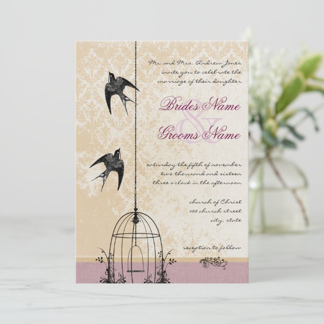 Whimsical Vintage Bird Cage Wedding Invitations (Standing Front)