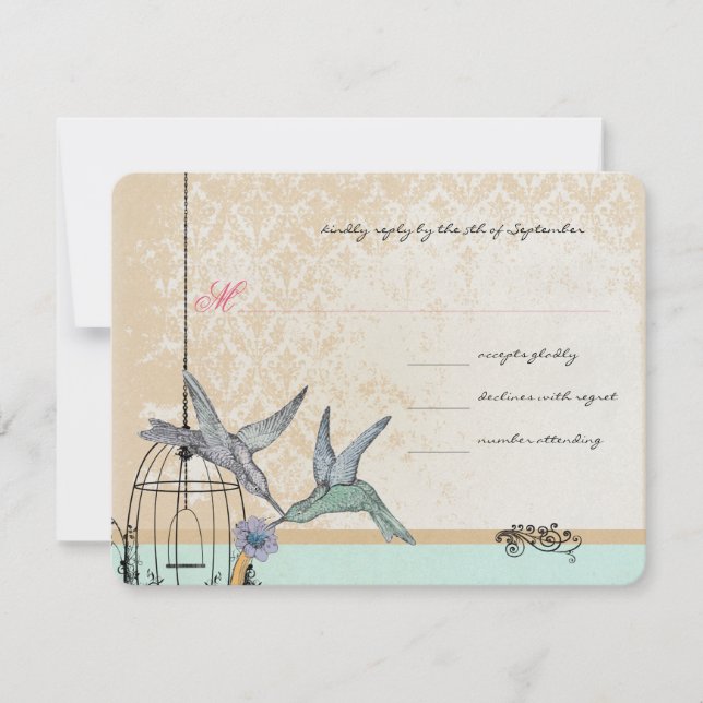 Whimsical Vintage Bird Cage Wedding RSVP Card (Front)
