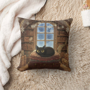 Whimsical Vintage Black Cat at the Attic Throw Pillow