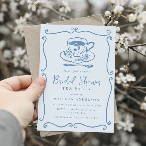 Whimsical Vintage Blue Bridal Shower Tea Party Invitation