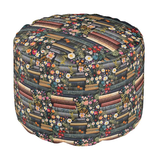 Whimsical Vintage Books and Flowers  Pouf (Angled Front)