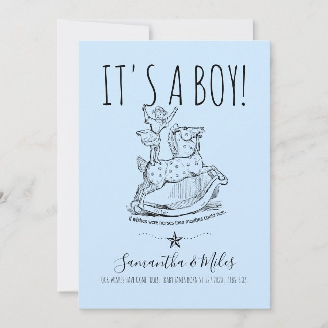 Whimsical Vintage Boy Birth Announcement Blue (Front)