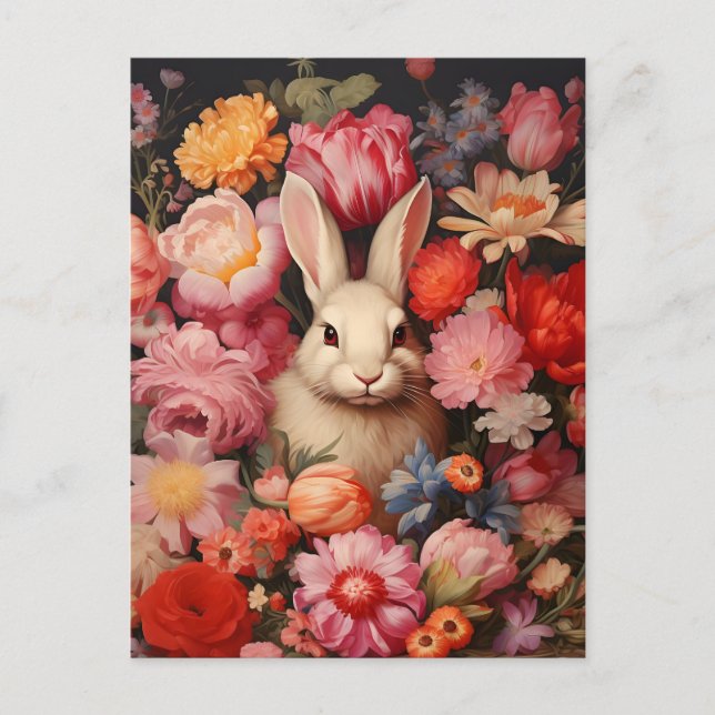 Whimsical Vintage Bunny Spring Blooms Announcement Postcard (Front)