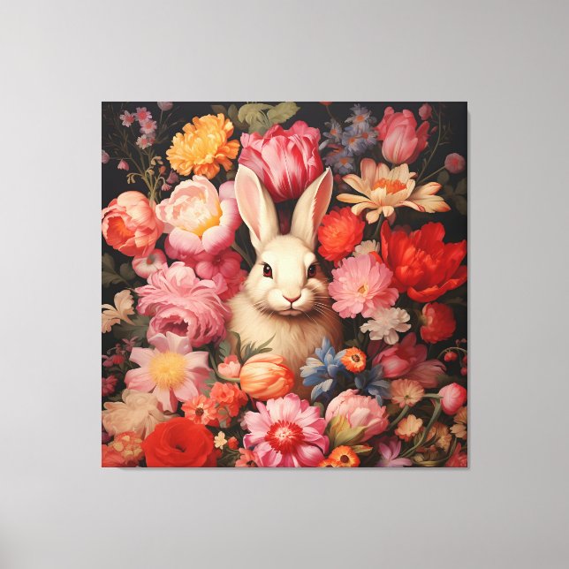 Whimsical Vintage Bunny Spring Blooms Canvas Print (Front)