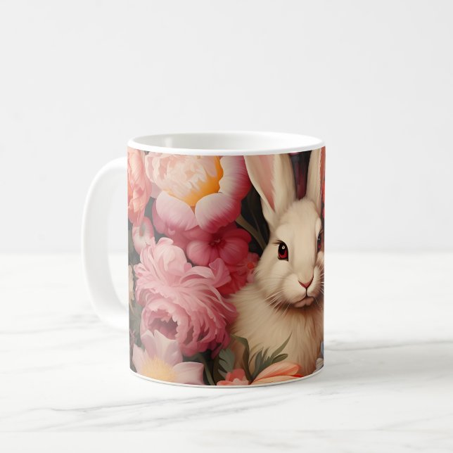 Whimsical Vintage Bunny Spring Blooms Coffee Mug (Front Left)