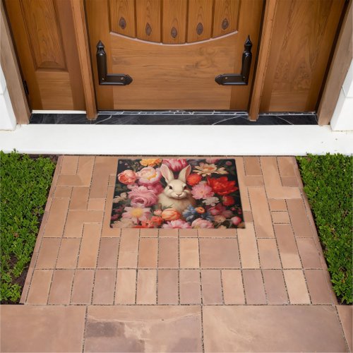 Whimsical Vintage Bunny Spring Blooms Doormat