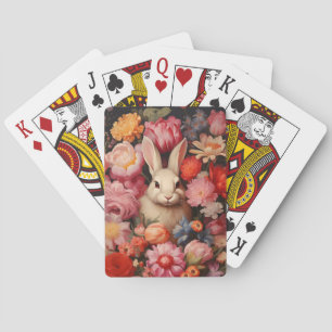 Whimsical Vintage Bunny Spring Blooms Poker Cards