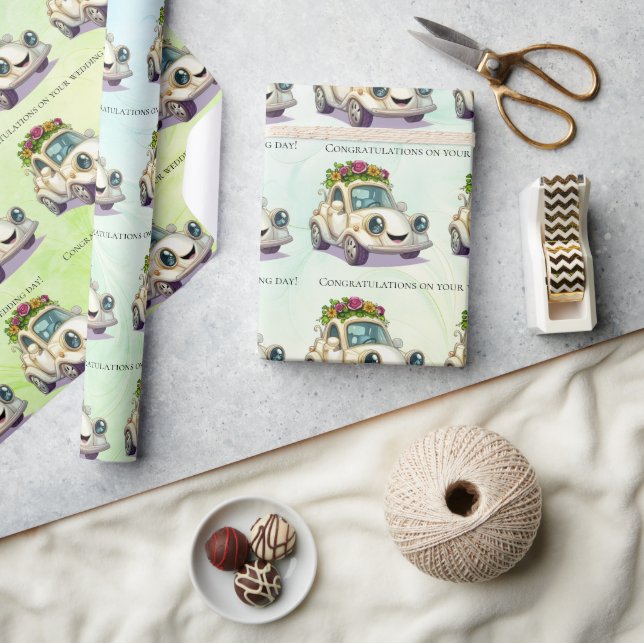 Whimsical Vintage Car Wedding Congratulations  Wrapping Paper (Crafts)