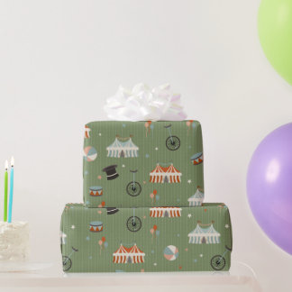 Whimsical Vintage Circus Kids Birthday on Green Wrapping Paper
