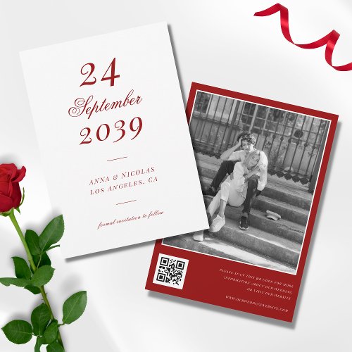 Whimsical Vintage Crimson Red Photo Qr Code Save The Date
