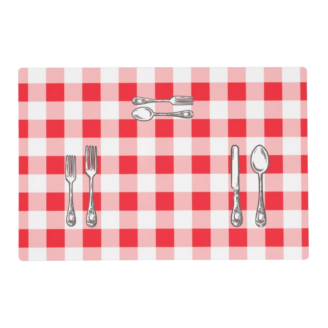 Whimsical Vintage Cutlery Red Check Laminated Placemat (Front)